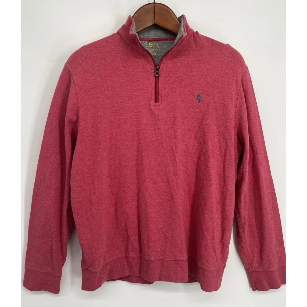Polo Ralph Lauren Sweatshirt Mens L Salmon Pink 1/4 Zip Up Preppy Pony Pullover